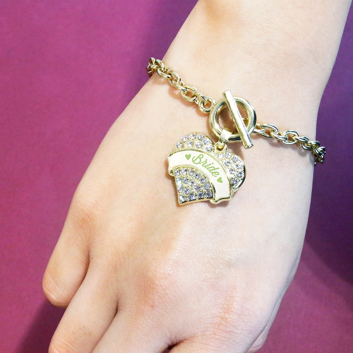 Gold Sage Green Bride Pave Heart Charm Toggle Bracelet