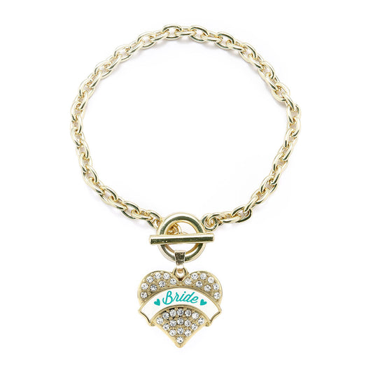 Gold Teal Bride Pave Heart Charm Toggle Bracelet