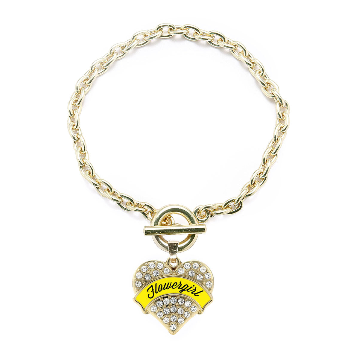 Gold Yellow Flower Girl Pave Heart Charm Toggle Bracelet