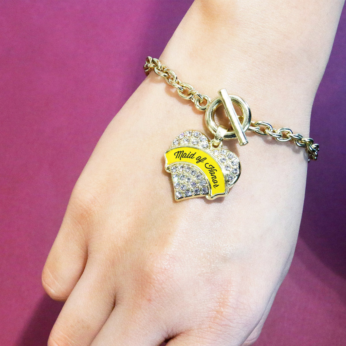Gold Yellow Maid of Honor Pave Heart Charm Toggle Bracelet