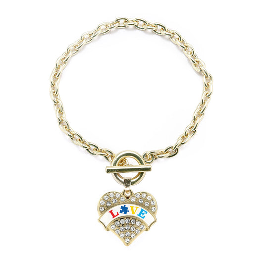 Gold Autism Love Pave Heart Charm Toggle Bracelet