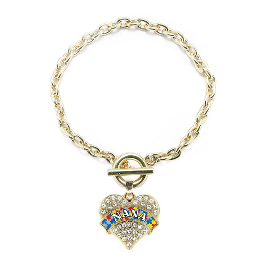 Gold Autism Nana Pave Heart Charm Toggle Bracelet