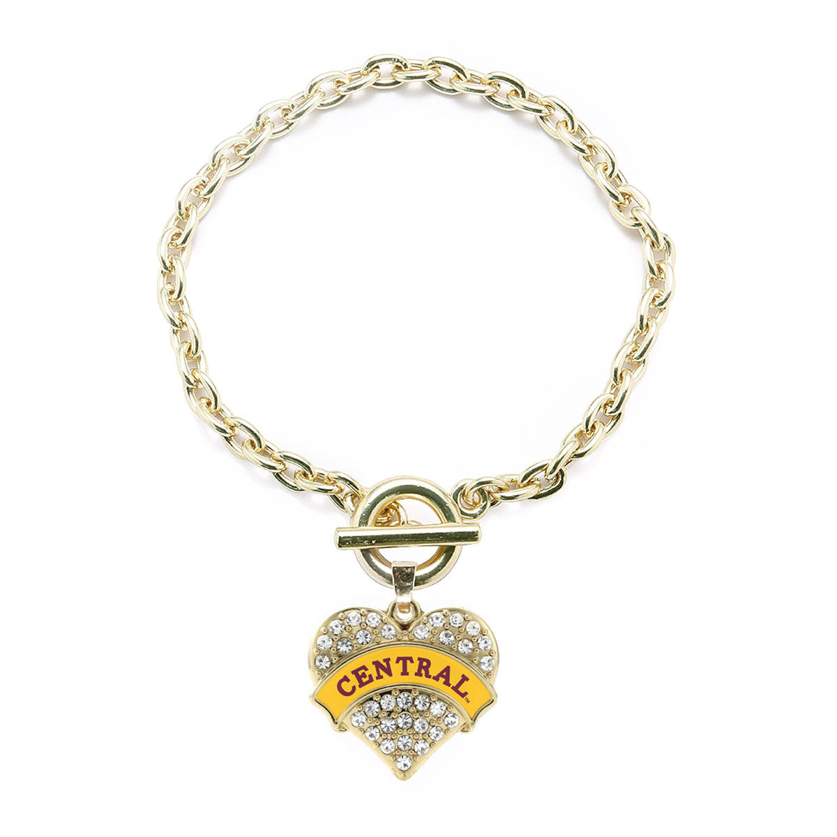 Gold Central Michigan [NCAA] Pave Heart Charm Toggle Bracelet
