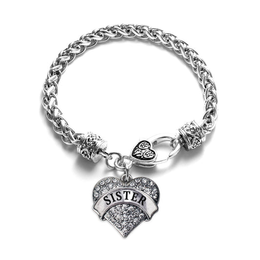 Silver Sister Pave Heart Charm Braided Bracelet