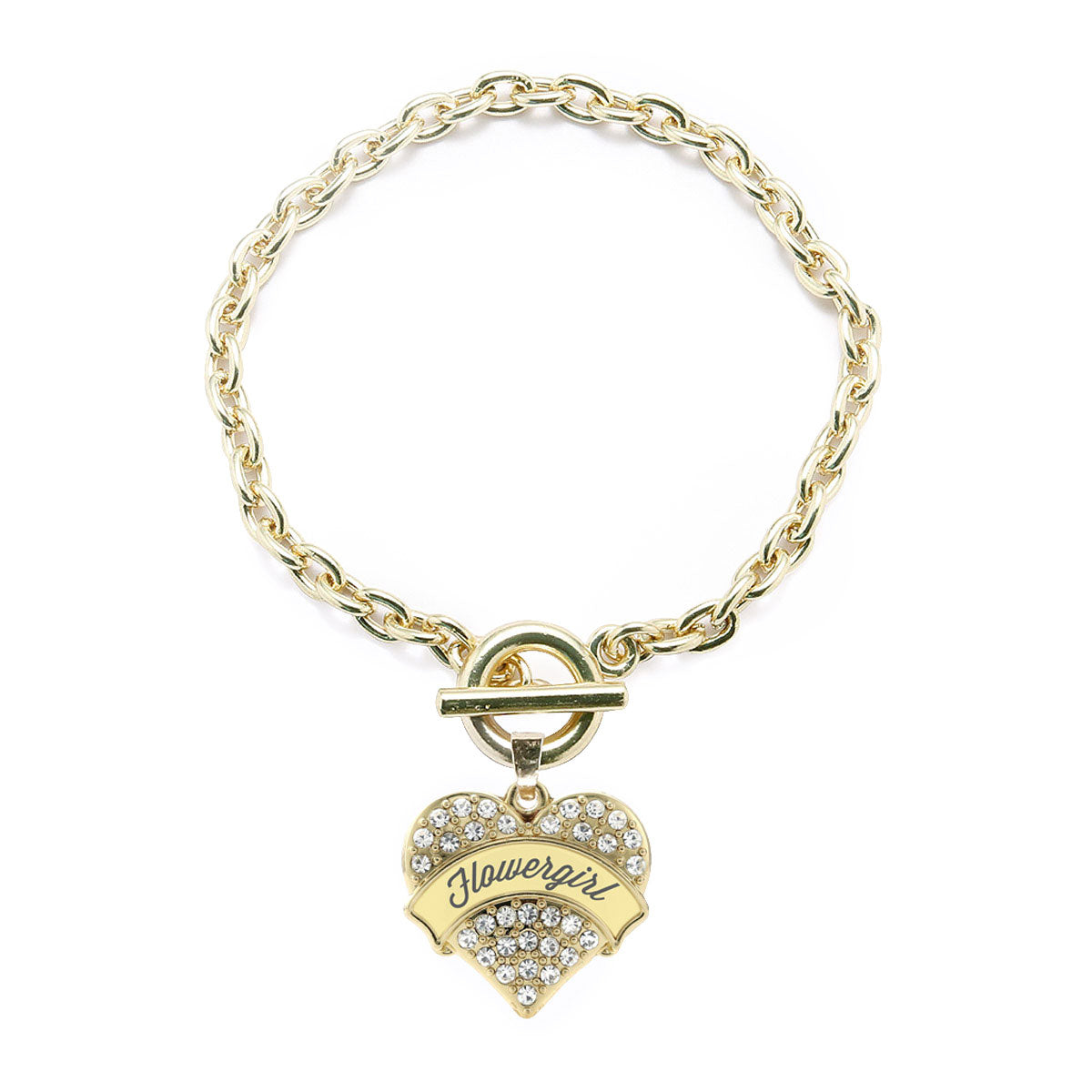 Gold Cream Flower Girl Pave Heart Charm Toggle Bracelet