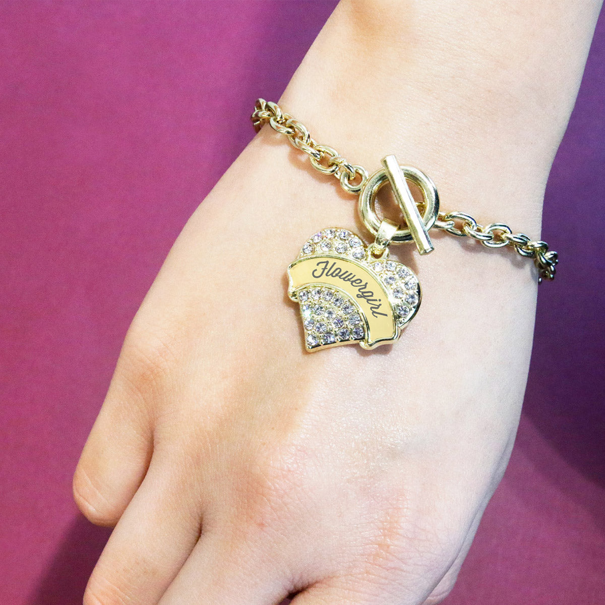 Gold Cream Flower Girl Pave Heart Charm Toggle Bracelet