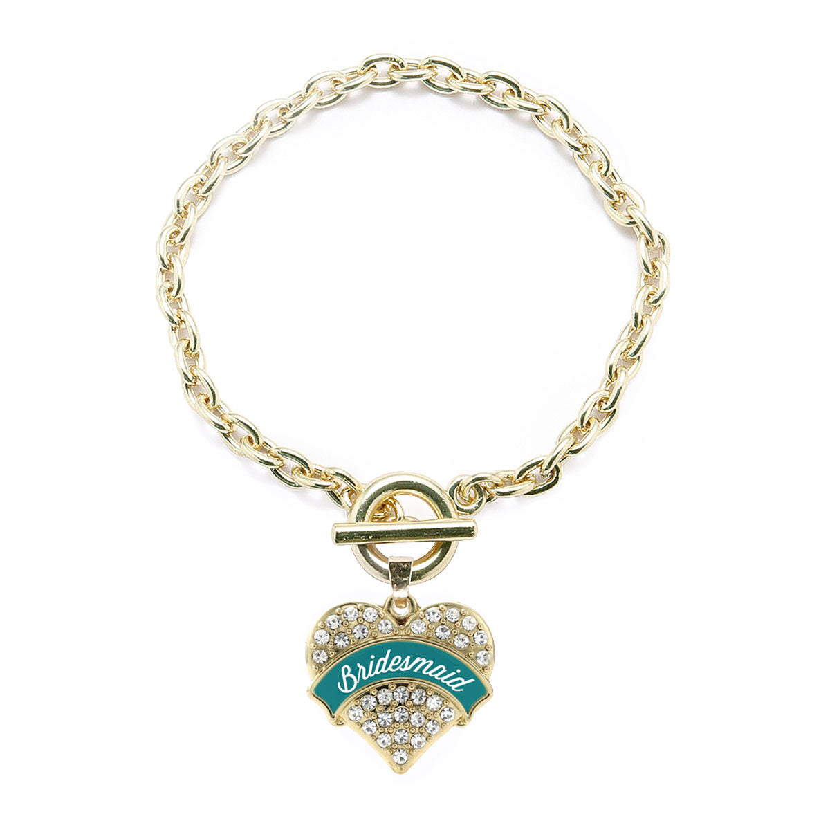 Gold Dark Teal Bridesmaid Pave Heart Charm Toggle Bracelet