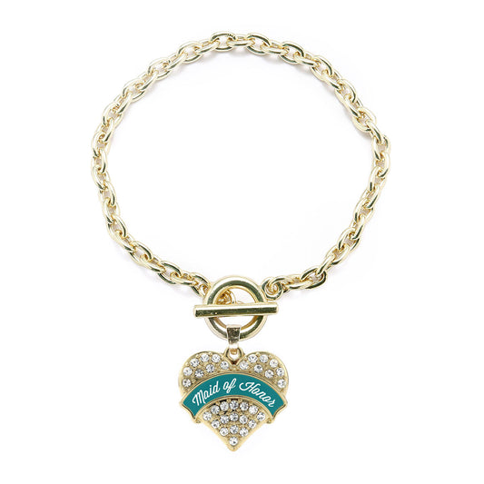Gold Dark Teal Maid of Honor Pave Heart Charm Toggle Bracelet