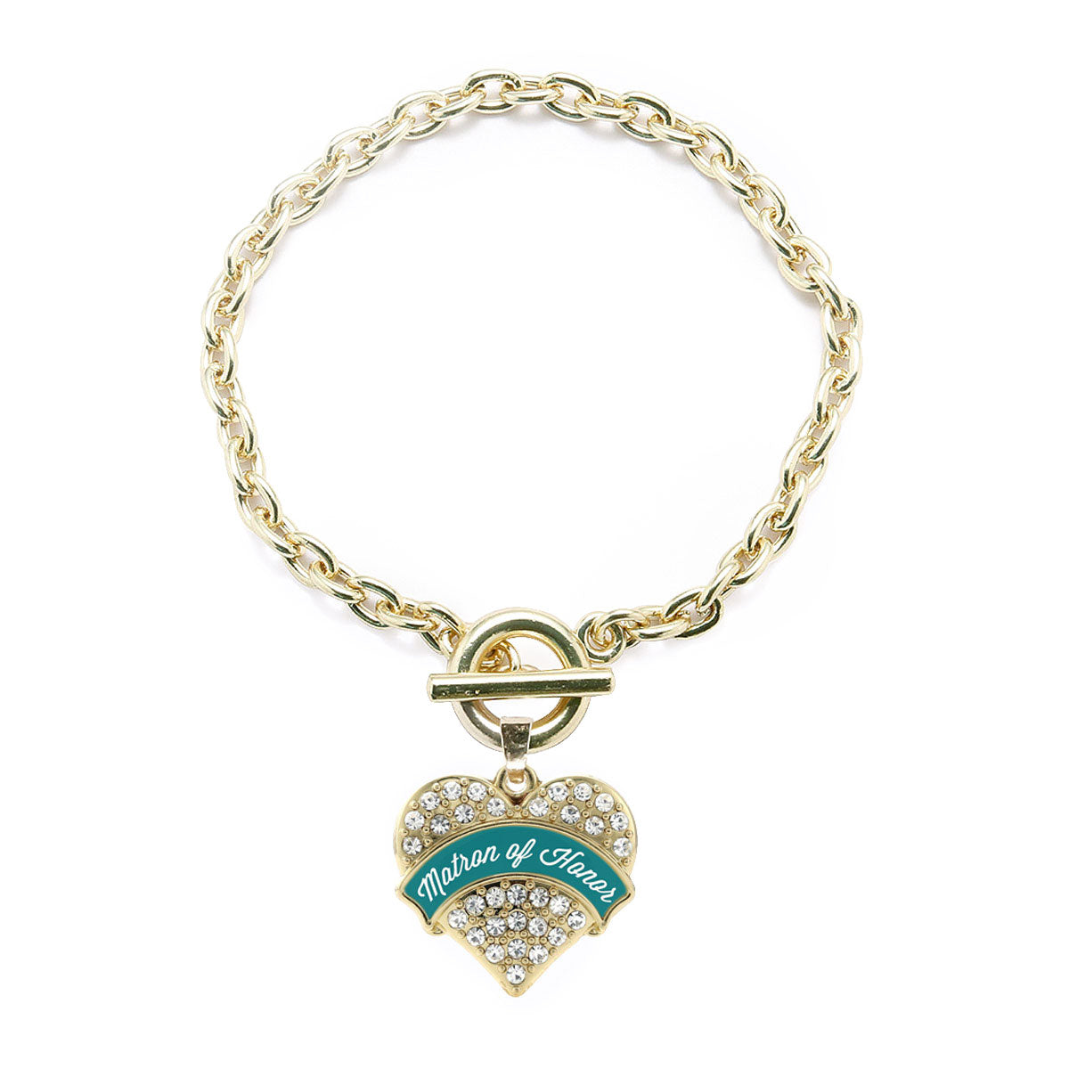 Gold Dark Teal Matron of Honor Pave Heart Charm Toggle Bracelet