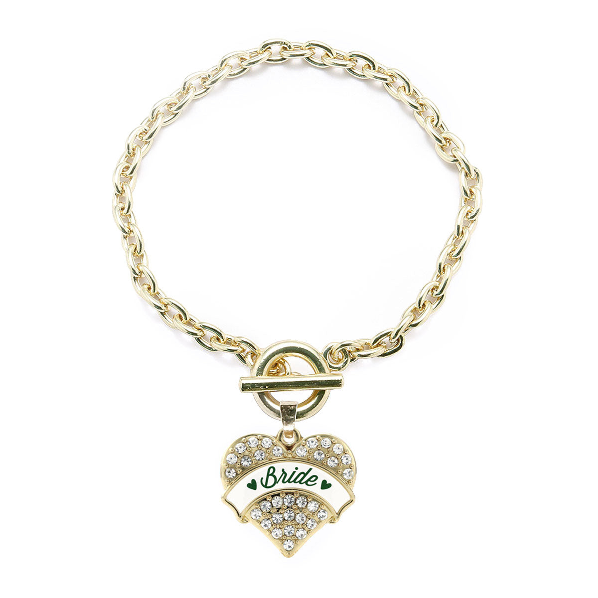 Gold Forest Green Bride Pave Heart Charm Toggle Bracelet