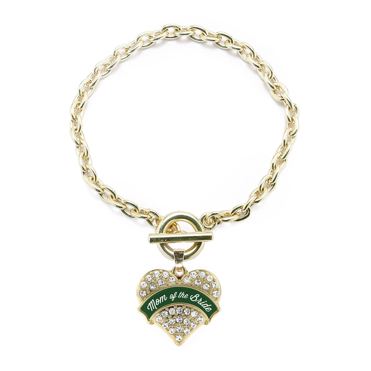 Gold Forest Green Mom of Bride Pave Heart Charm Toggle Bracelet