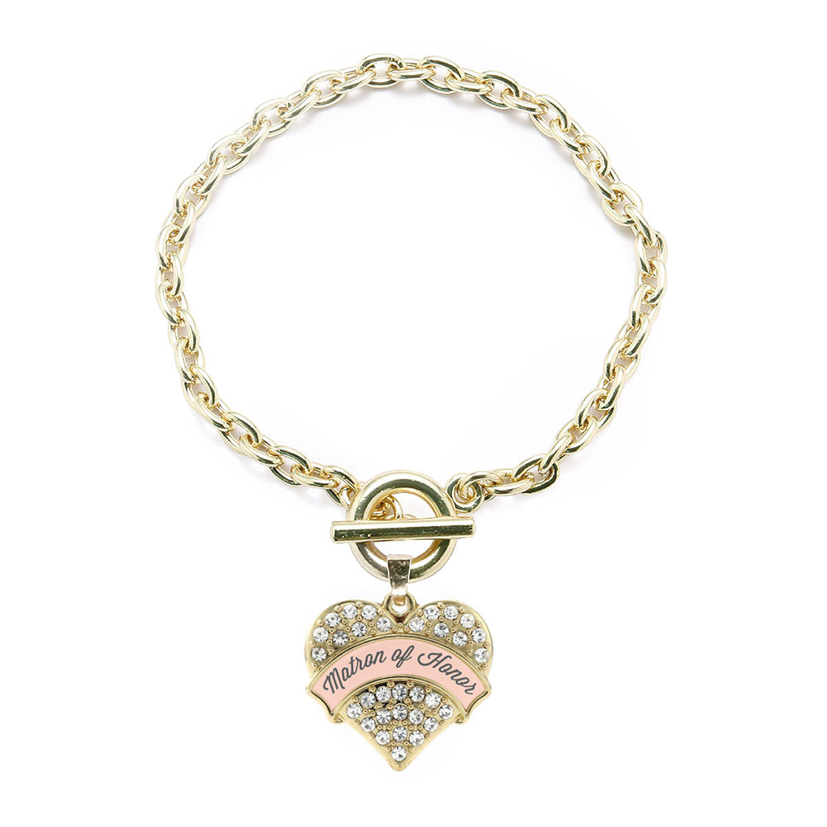 Gold Nude Matron of Honor Pave Heart Charm Toggle Bracelet