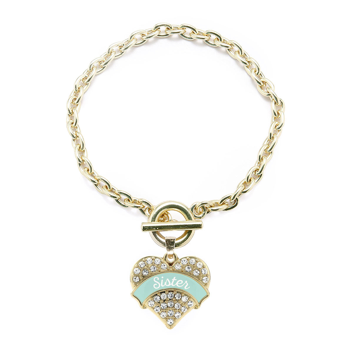 Gold Mint Sister Pave Heart Charm Toggle Bracelet