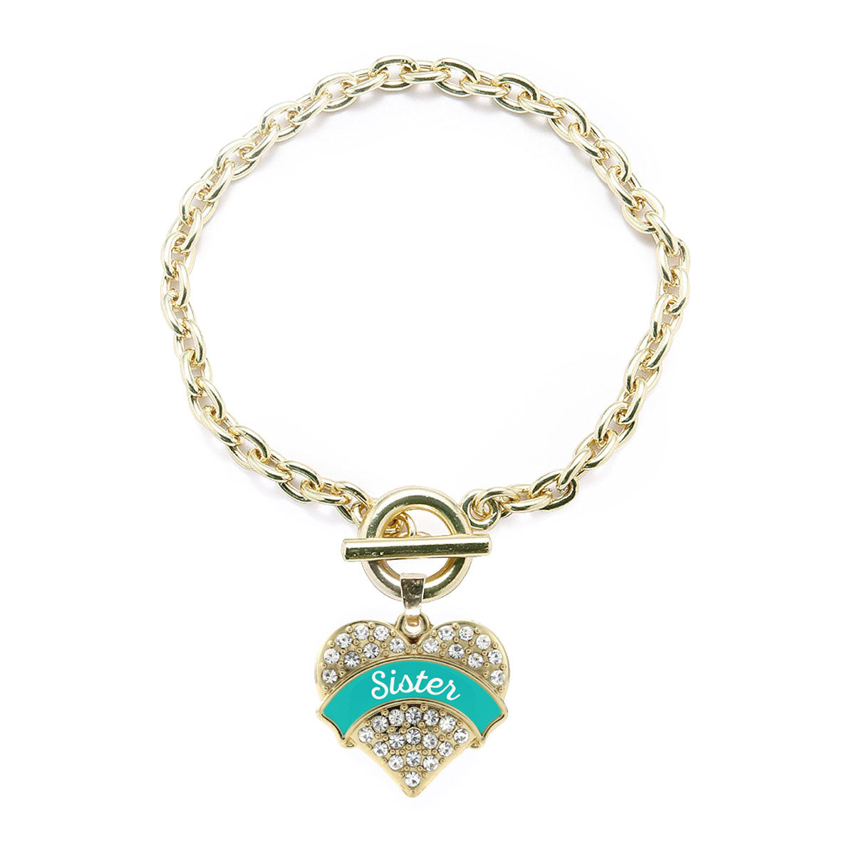 Gold Teal Sister Pave Heart Charm Toggle Bracelet