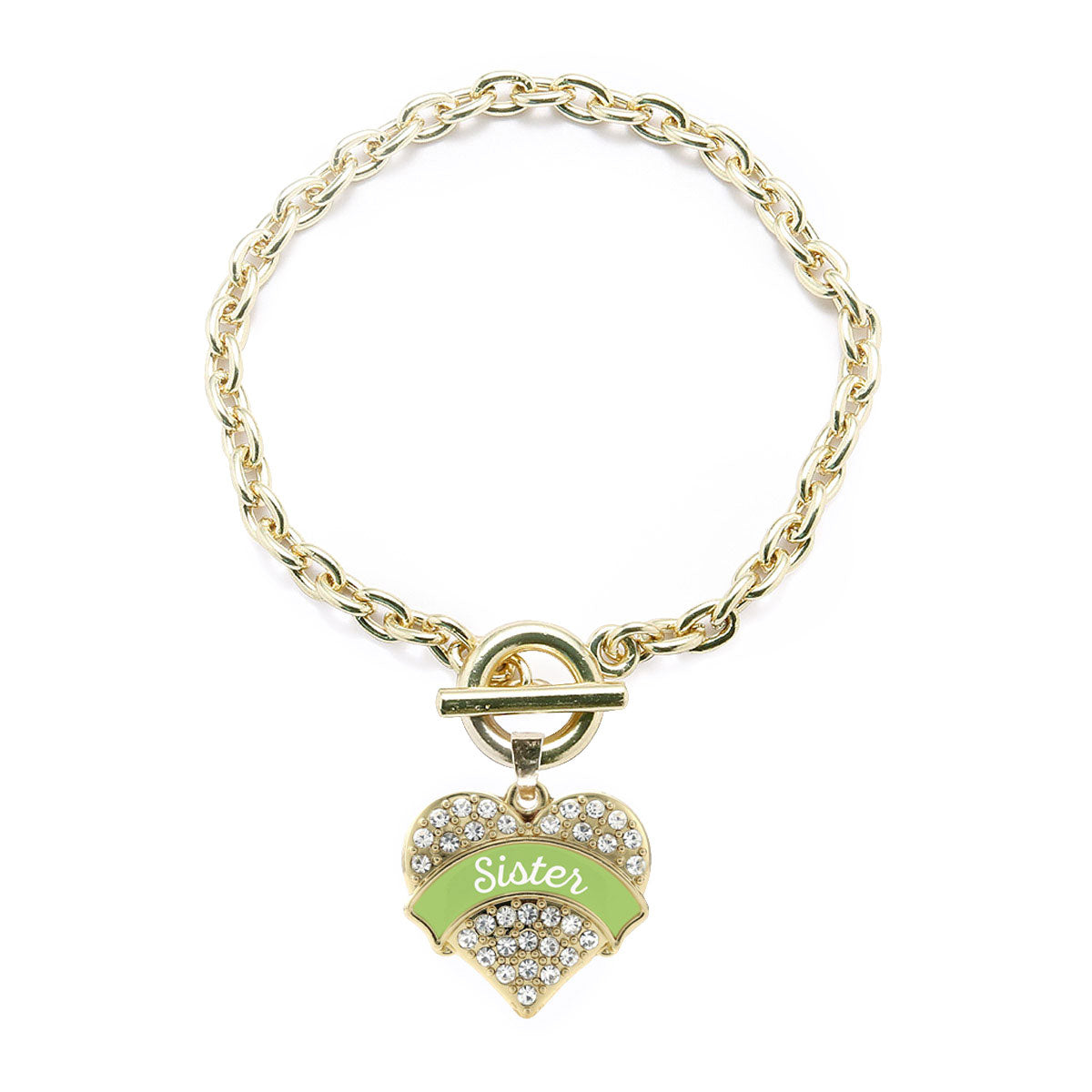 Gold Sage Green Sister Pave Heart Charm Toggle Bracelet