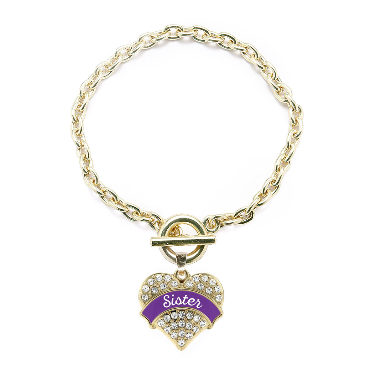 Gold Purple Sister Pave Heart Charm Toggle Bracelet