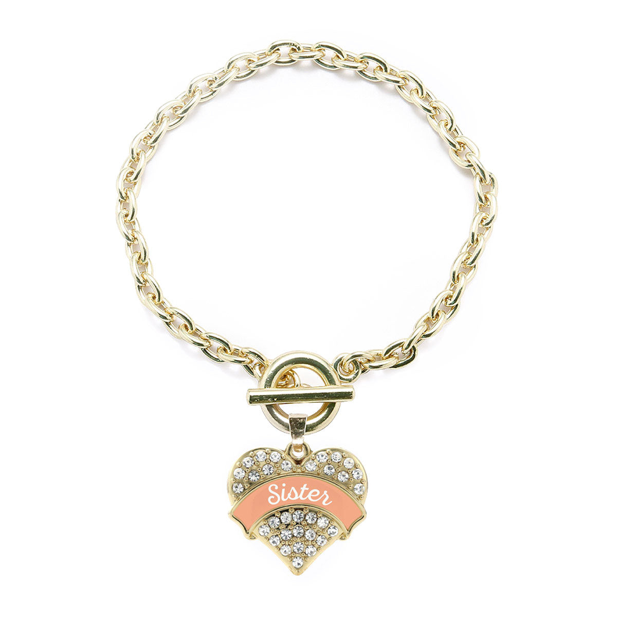 Gold Peach Sister Pave Heart Charm Toggle Bracelet