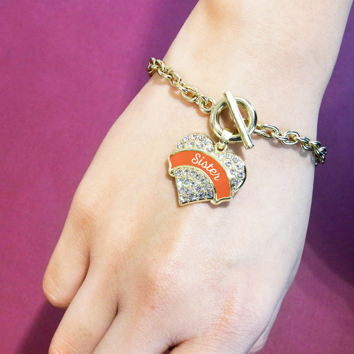 Gold Orange Sister Pave Heart Charm Toggle Bracelet