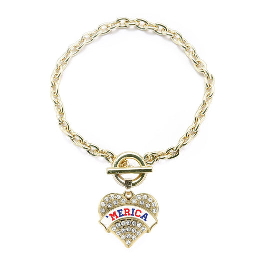Gold 'Merica Pave Heart Charm Toggle Bracelet