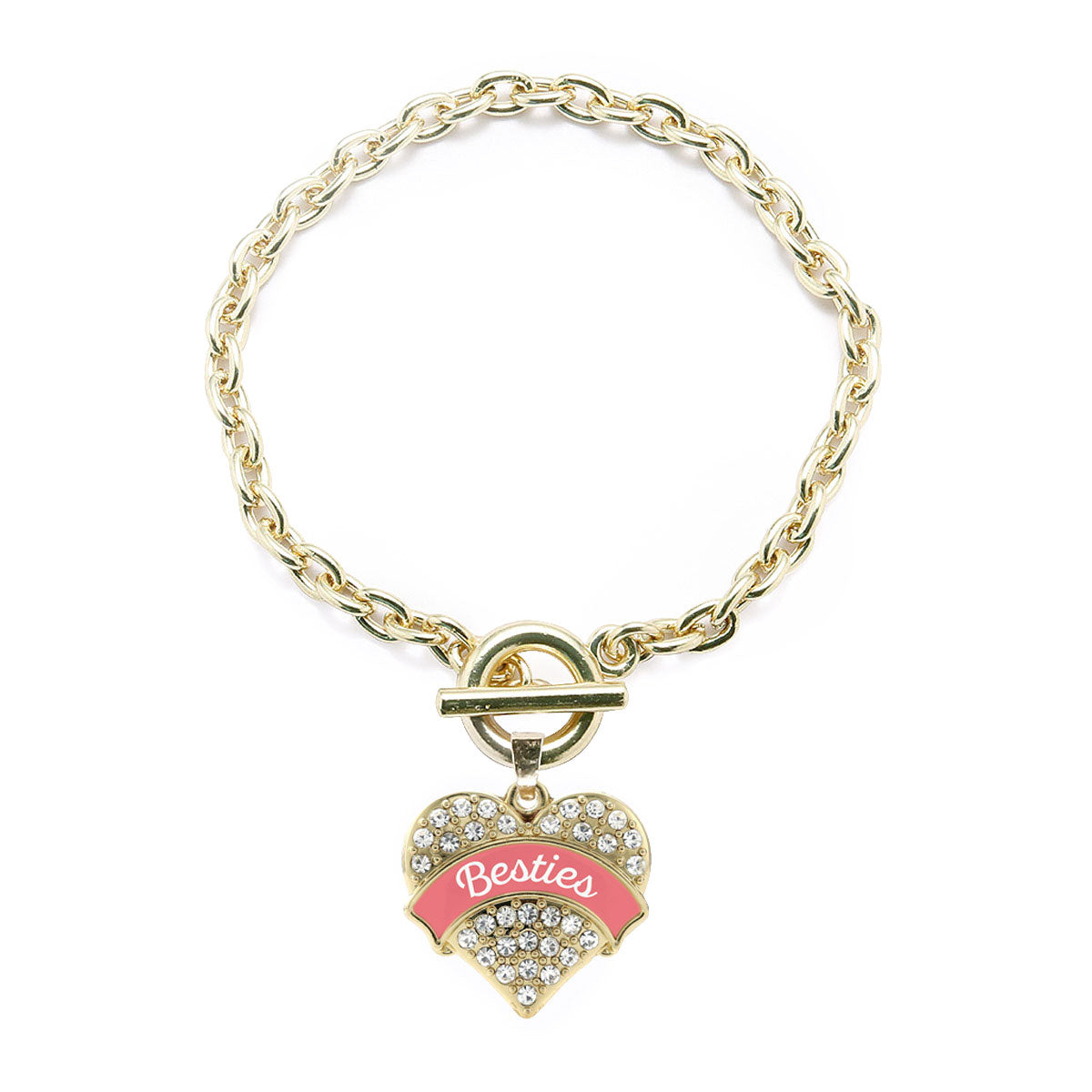 Gold Coral Besties Pave Heart Charm Toggle Bracelet