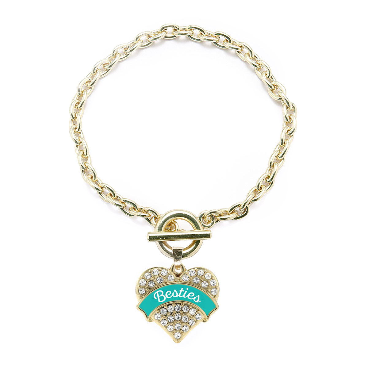 Gold Teal Besties Pave Heart Charm Toggle Bracelet