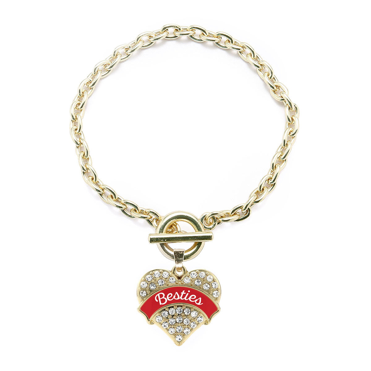 Gold Red Besties Pave Heart Charm Toggle Bracelet