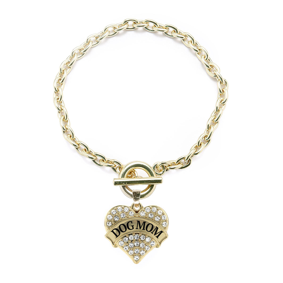 Gold Dog Mom Pave Heart Charm Toggle Bracelet