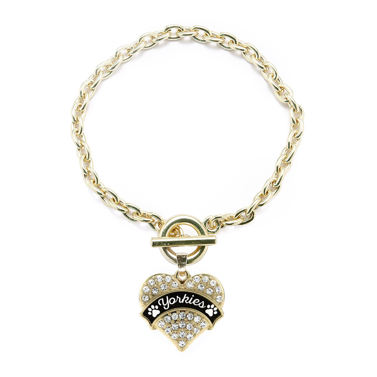 Gold Yorkies - Paw Prints Pave Heart Charm Toggle Bracelet