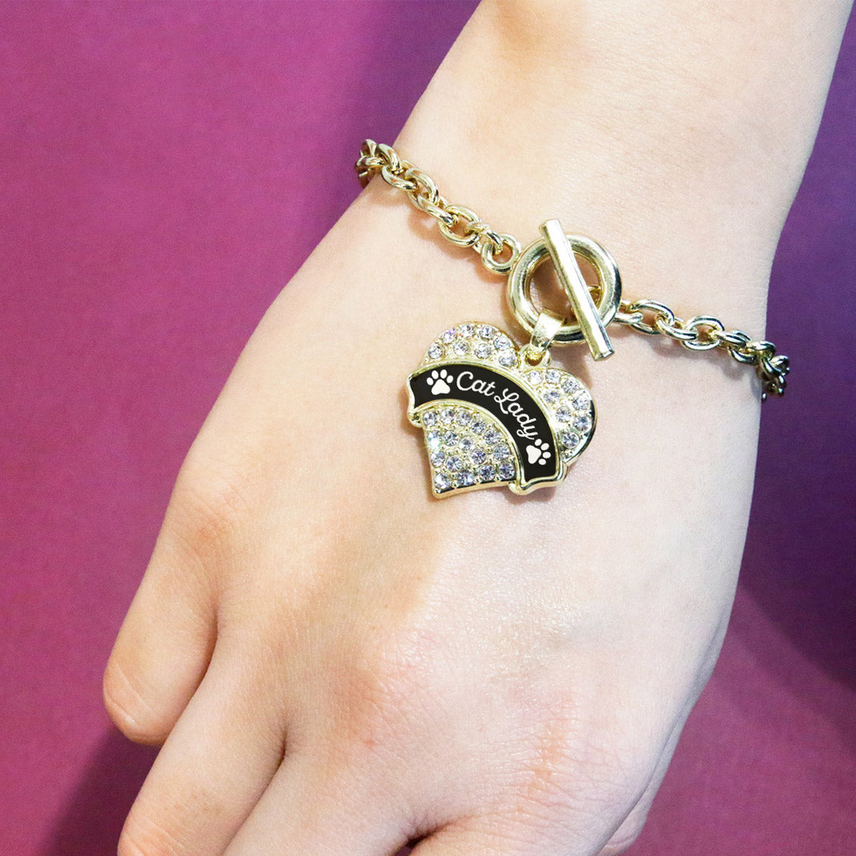 Gold Cat Lady - Paw Prints Pave Heart Charm Toggle Bracelet