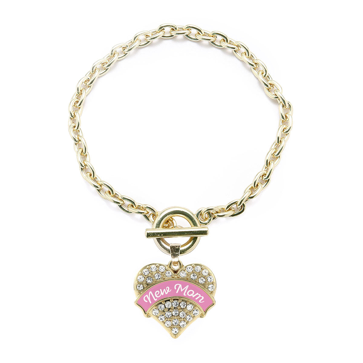 Gold Pink New Mom Pave Heart Charm Toggle Bracelet