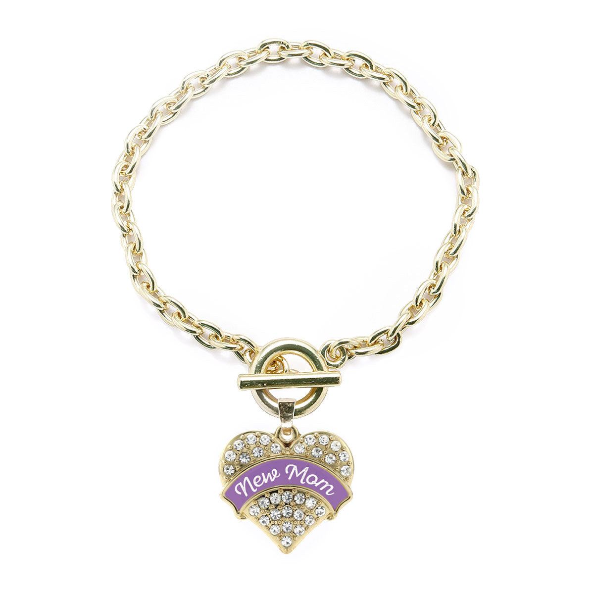 Gold Purple New Mom Pave Heart Charm Toggle Bracelet