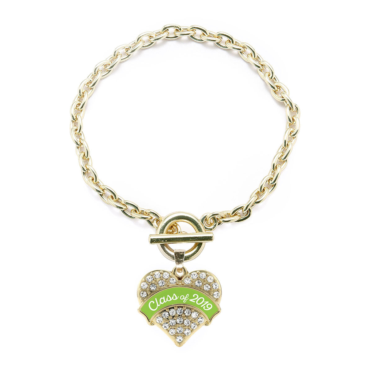 Gold Class of 2019 - Lime Green Pave Heart Charm Toggle Bracelet