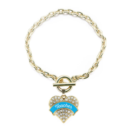 Gold Blue Teacher Pave Heart Charm Toggle Bracelet