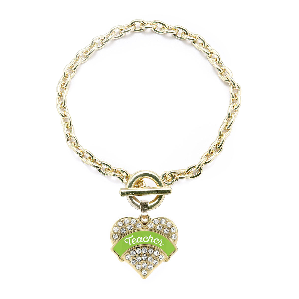 Gold Lime Green Teacher Pave Heart Charm Toggle Bracelet