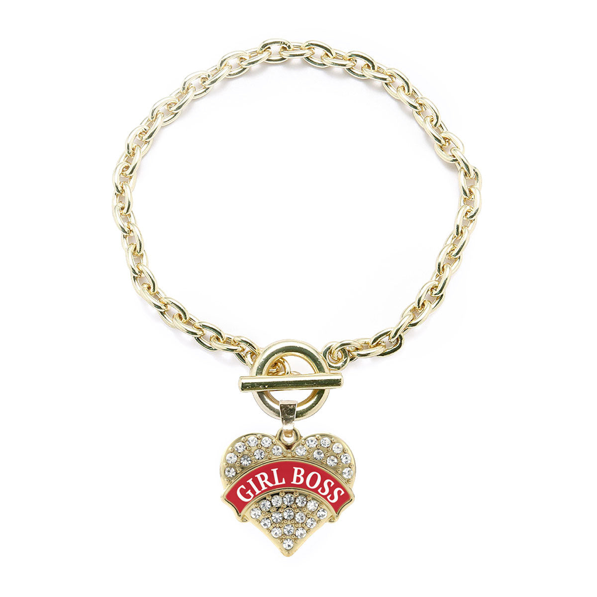 Gold Red Girl Boss Pave Heart Charm Toggle Bracelet