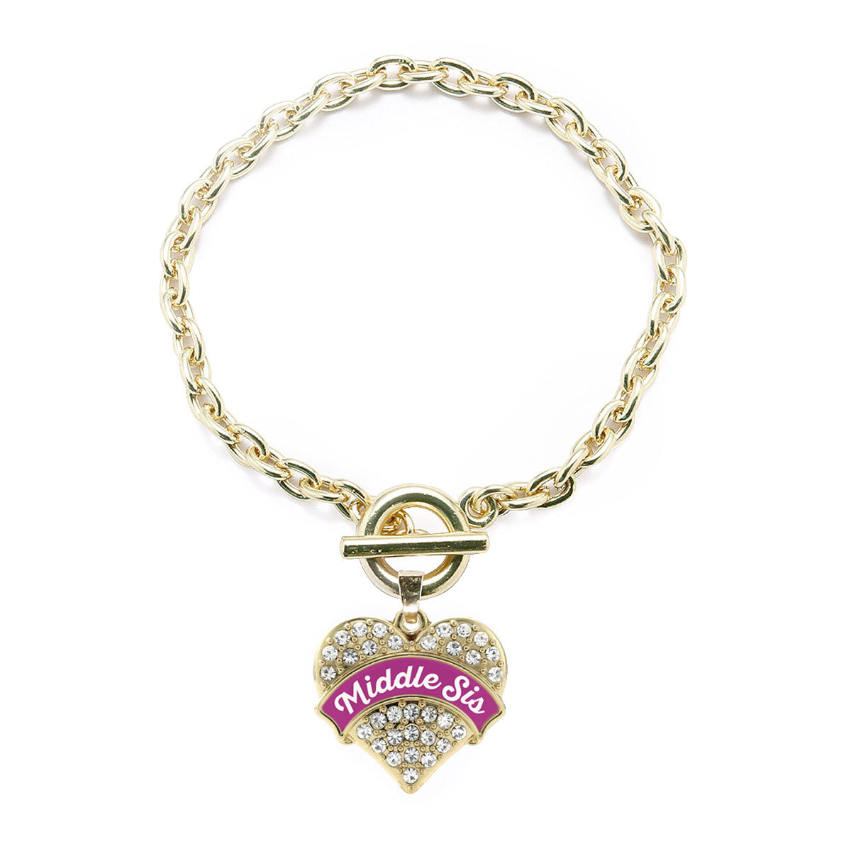 Gold Magenta Middle Sister Pave Heart Charm Toggle Bracelet