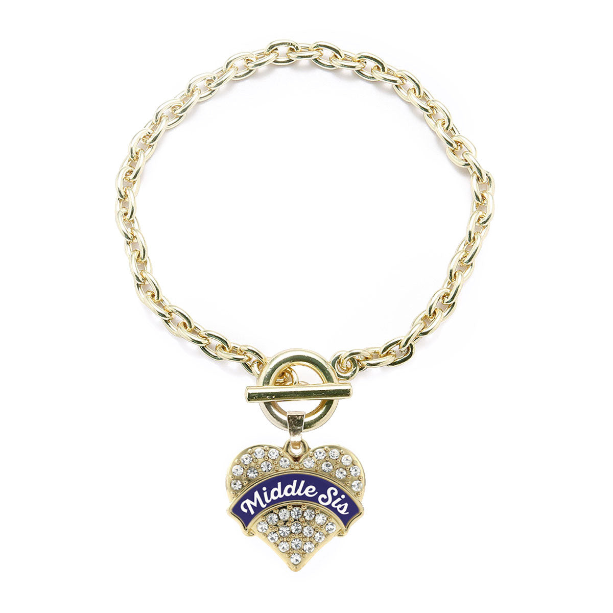 Gold Navy Blue Middle Sister Pave Heart Charm Toggle Bracelet