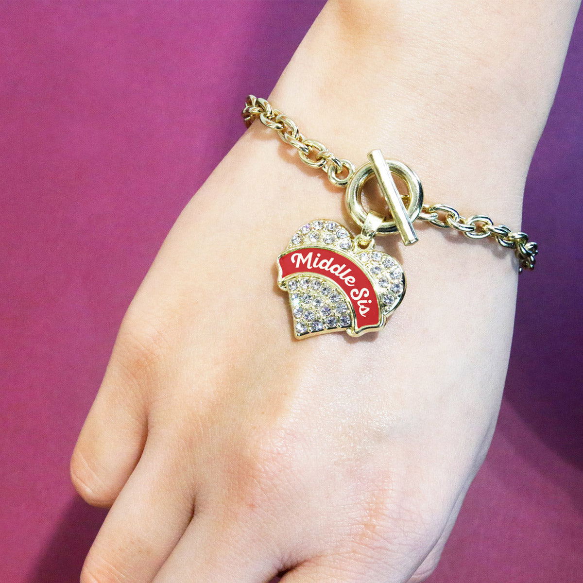 Gold Red Middle Sister Pave Heart Charm Toggle Bracelet