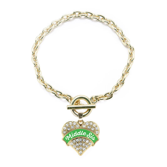 Gold Emerald Green Middle Sister Pave Heart Charm Toggle Bracelet