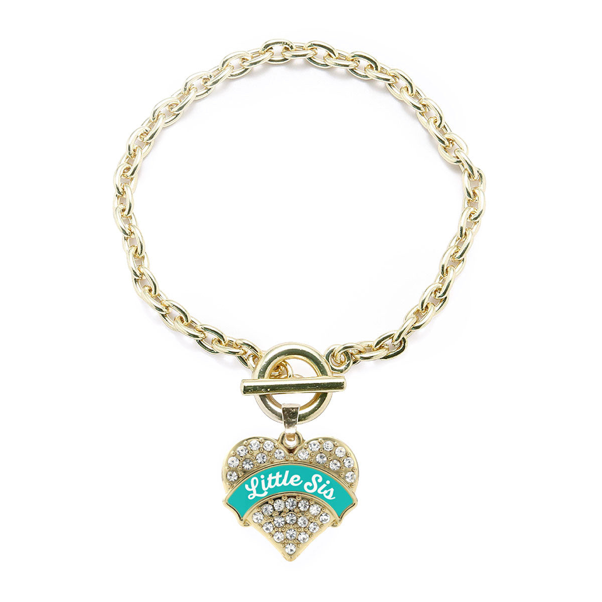 Gold Teal Little Sister Pave Heart Charm Toggle Bracelet