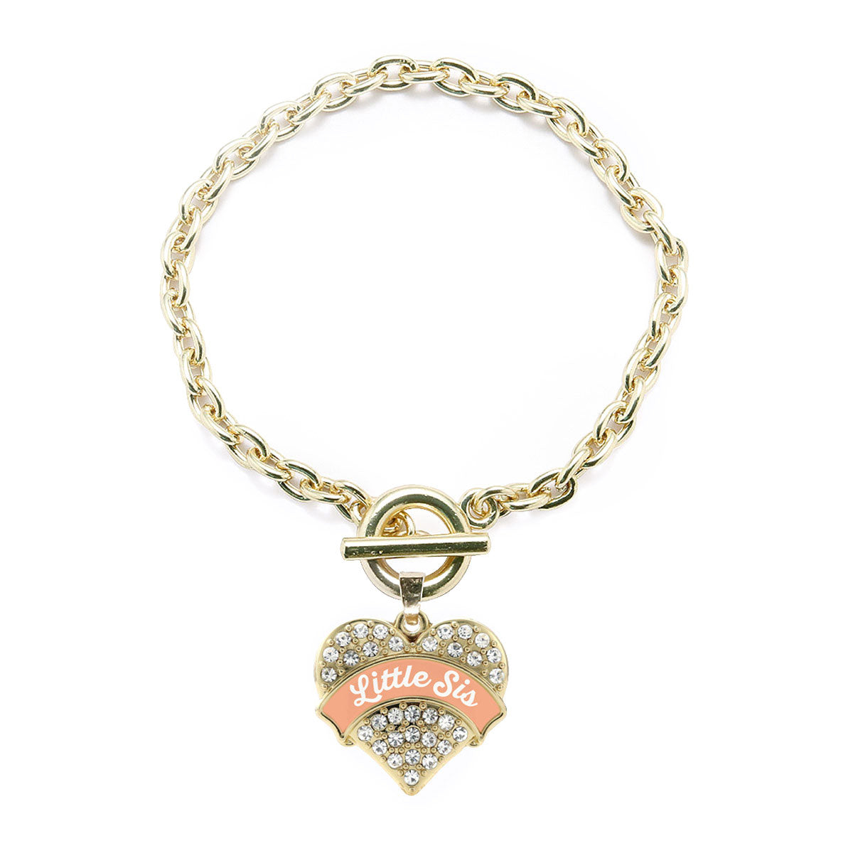 Gold Peach Little Sister Pave Heart Charm Toggle Bracelet