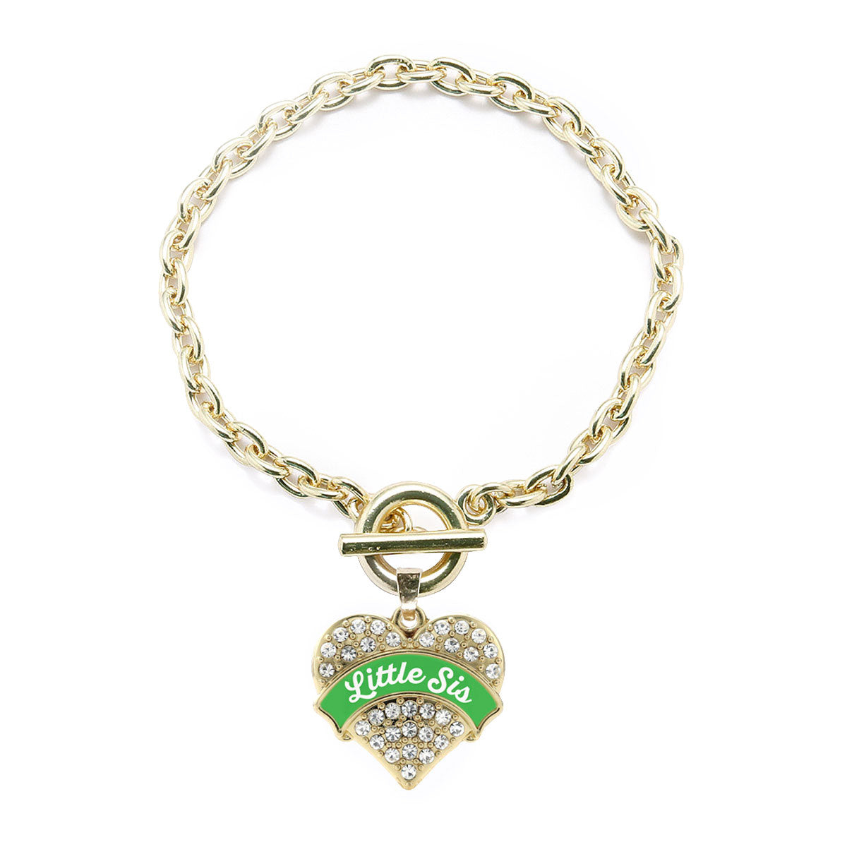 Gold Emerald Green Little Sister Pave Heart Charm Toggle Bracelet
