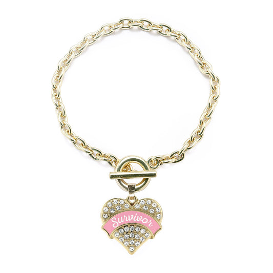 Gold Pink Script Survivor Breast Cancer Support Pave Heart Charm Toggle Bracelet