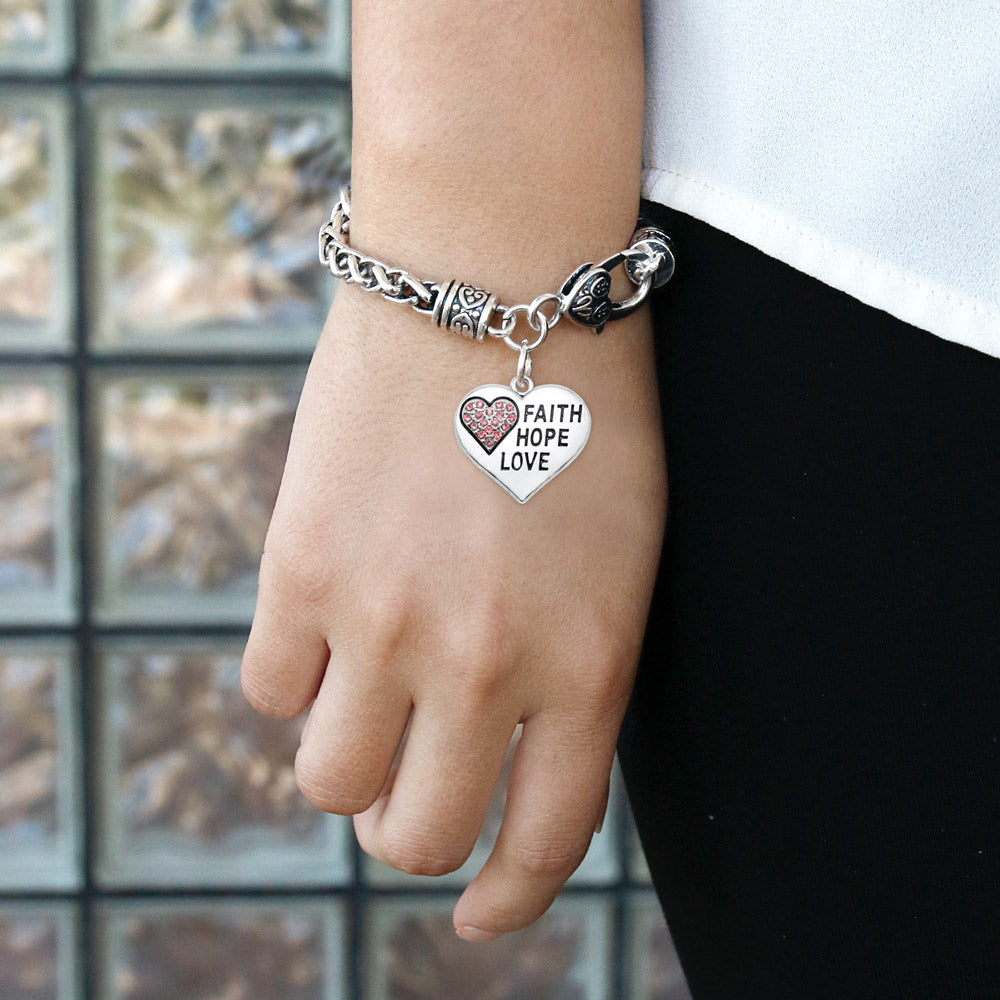 Silver Faith Hope Love Heart Charm Braided Bracelet