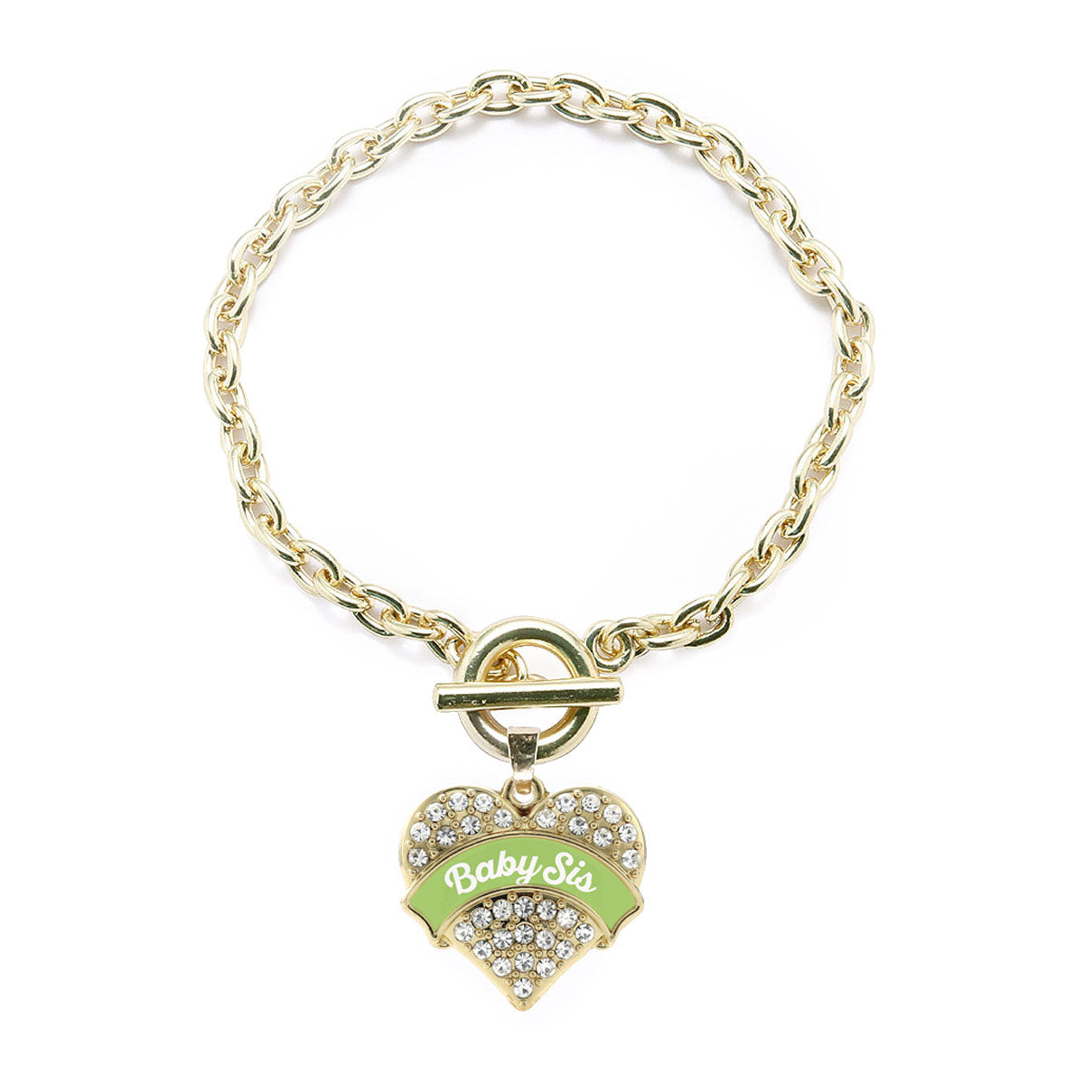 Gold Sage Green Baby Sister Pave Heart Charm Toggle Bracelet