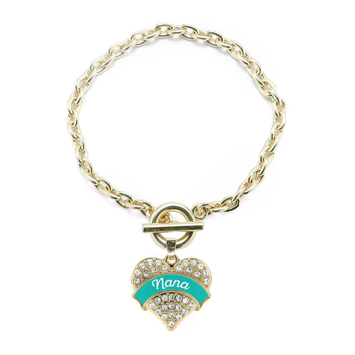Gold Teal Nana Pave Heart Charm Toggle Bracelet