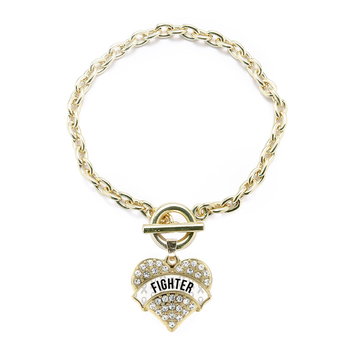 Gold White Fighter Pave Heart Charm Toggle Bracelet