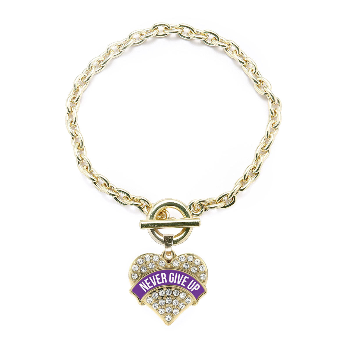 Gold Purple Banner Never Give Up Pave Heart Charm Toggle Bracelet