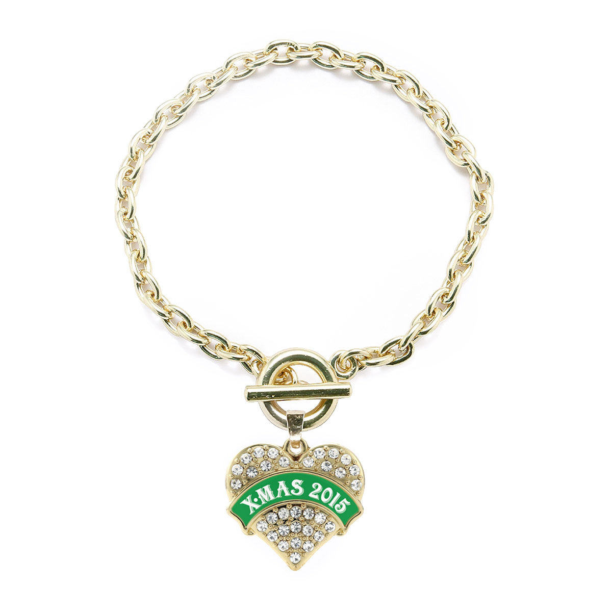 Gold Green Banner X-Mas 2015 Pave Heart Charm Toggle Bracelet