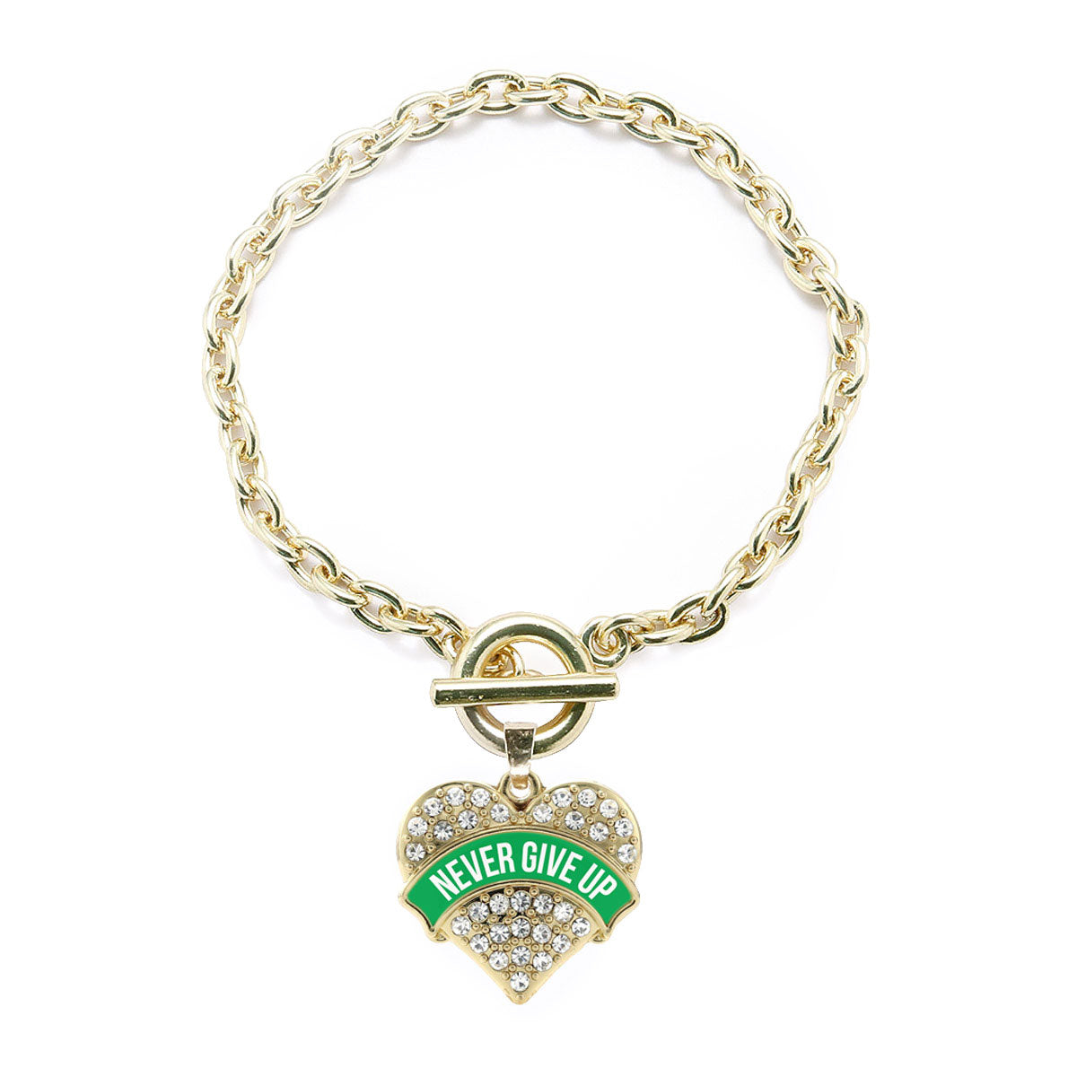 Gold Green Banner Never Give up Pave Heart Charm Toggle Bracelet